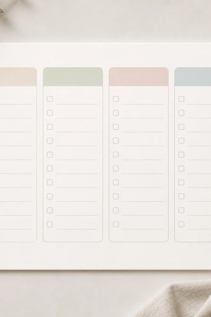 A checklist layout with four rounded rectangles across the page. Each rectangle has a printed label at the top and a set of tiny checkbox lines underneath, leaving a clean margin on both sides.