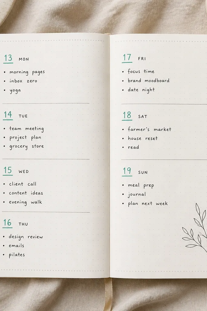 A soft dotted border drawn along the page edges in light gray. Inside, the handwriting is black, and only one accent color (a muted teal) is used for underlining headings and date numbers.