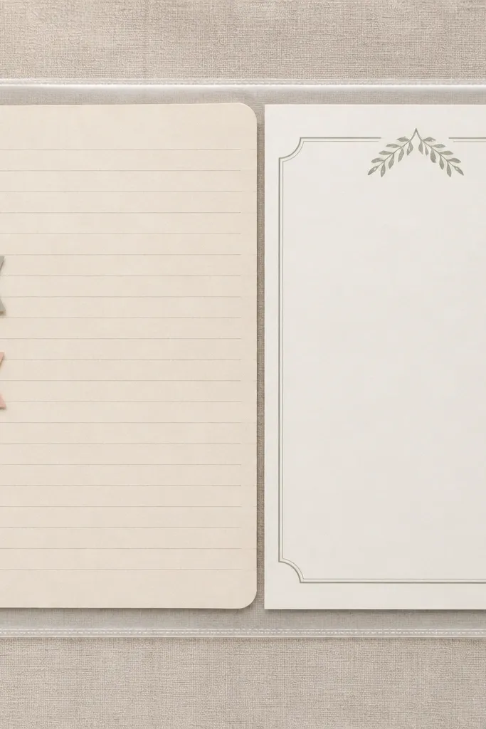 A diary page inside a clear sheet protector. Two small paper tabs are placed on the left, and the right side has a printed prompt card with blank space for writing. Everything looks neat and flat.
