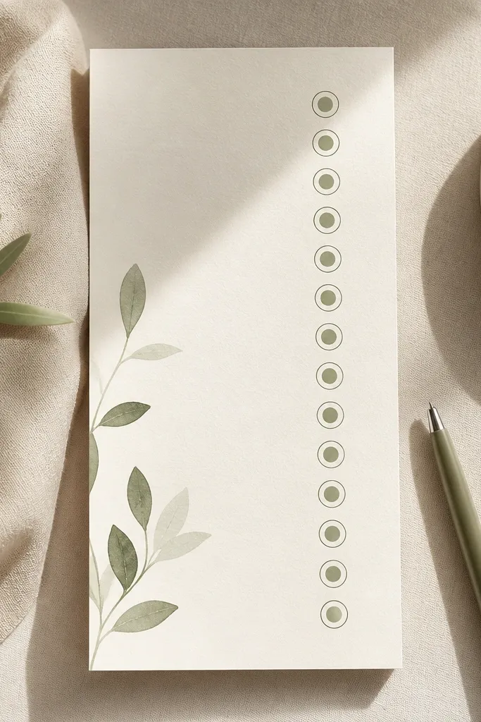 A vertical habit tracker with small circular loops next to each habit word. The circles are made from a thin line and lightly colored fill dots, with a single color palette of cream and sage.