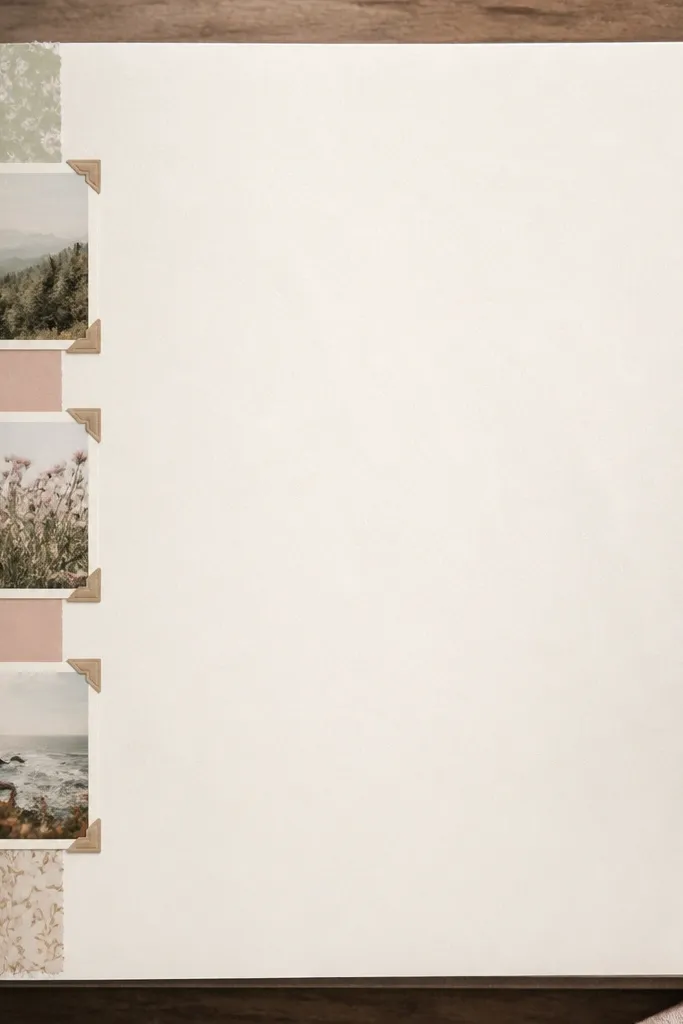 A main writing area takes up most of the page. On the far left, there’s a narrow side column with three stacked memory strips made from washi tape and tiny photo corners, leaving the rest of the page open for journaling.
