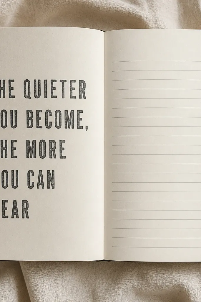 The left half of a diary page has a stencil-printed quote in uppercase letters. The right half has evenly spaced writing lines and a small date in the top corner. The palette is off-white and charcoal.