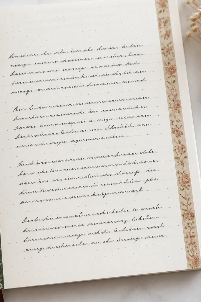 A dot-grid notebook page where only the margins are decorated with two vertical washi tape strips. The center has handwritten paragraphs with line breaks that follow subtle penciled guides.
