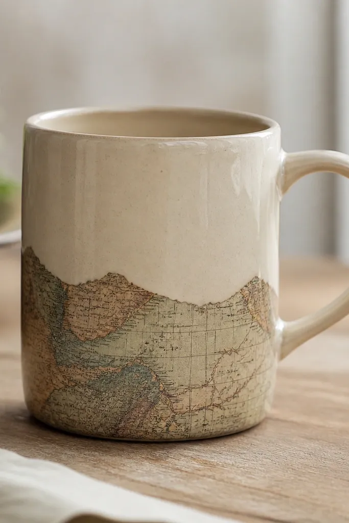 A beige mug wrapped with a partial vintage map pattern at the bottom, with torn-paper edges visible; a glossy clear layer makes the paper look like it’s printed on the ceramic.
