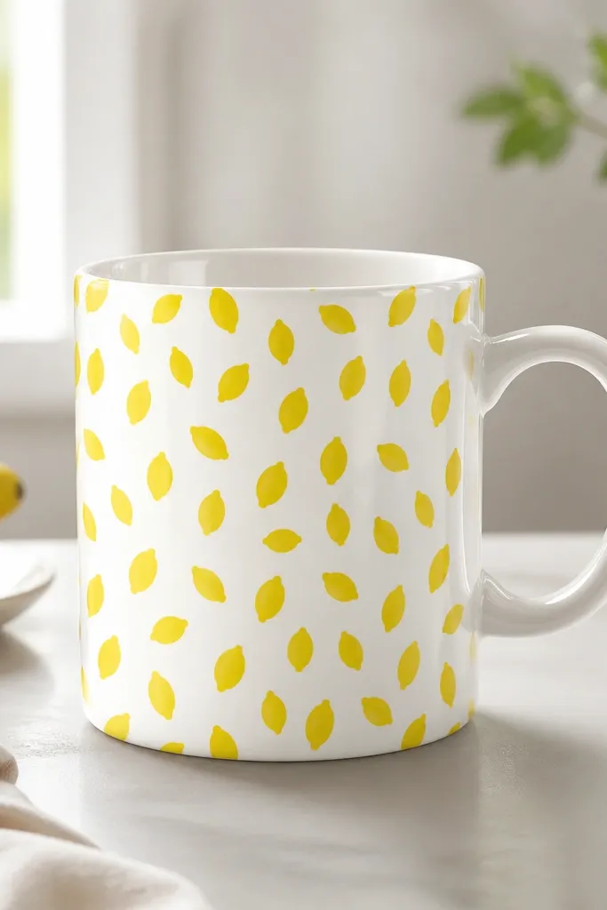 A bright lemon-yellow stamped pattern across a white mug, repeating small citrus peel shapes; the pattern has crisp edges and a glossy finish.