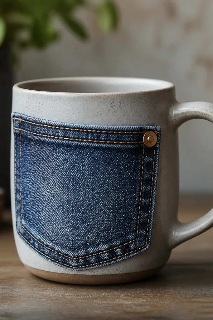 A mug wrapped with a sewn-on denim pocket on the front, showing faded stitching and a small metal rivet; the denim is sealed with a matte protective coat.