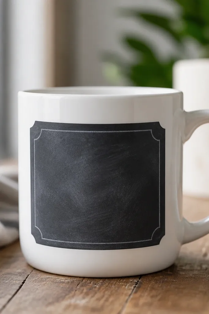 A mug with a rectangular matte chalkboard label on the side, showing faint chalk lines and a handwritten “Today’s Tea” look; the rest of the mug is glossy white.