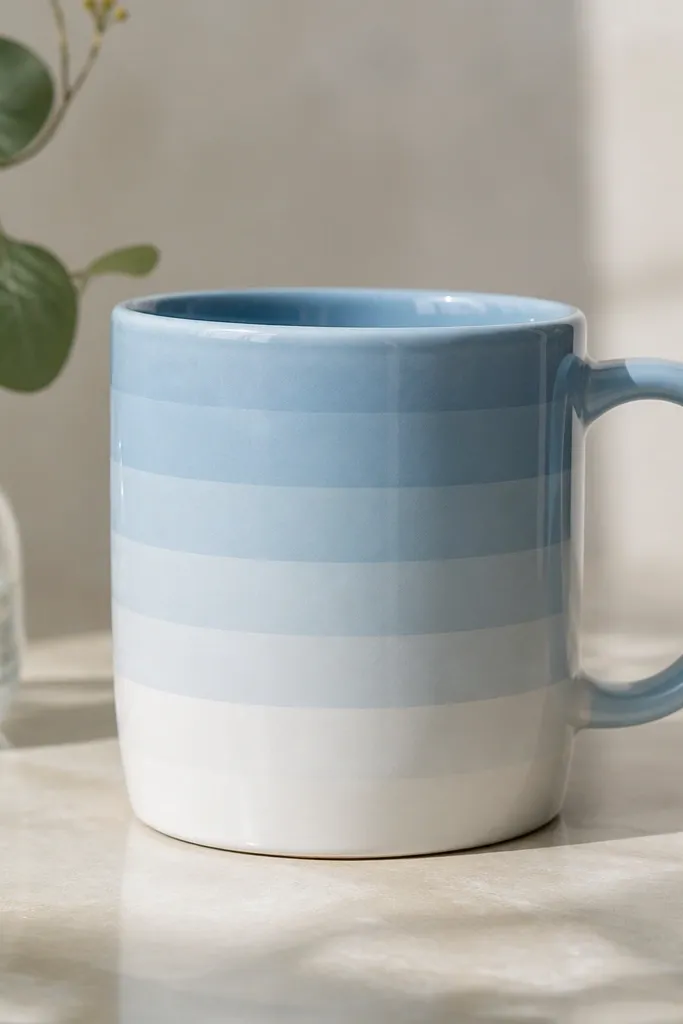 A mug with clean ombre stripes made from layered tape lines: light blue to white fading near the bottom, with sharp tape edges; glossy topcoat shines under light.