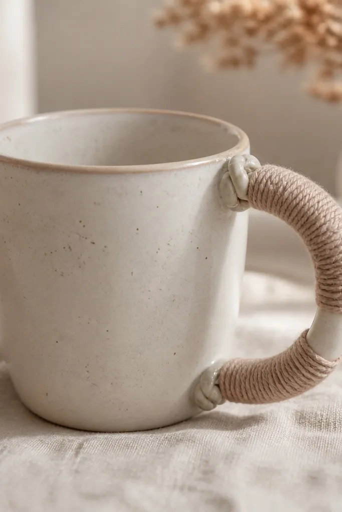 A mug with a thick yarn wrap covering only part of the handle, in soft neutral beige; the yarn looks tidy and secured with small glossy knots.