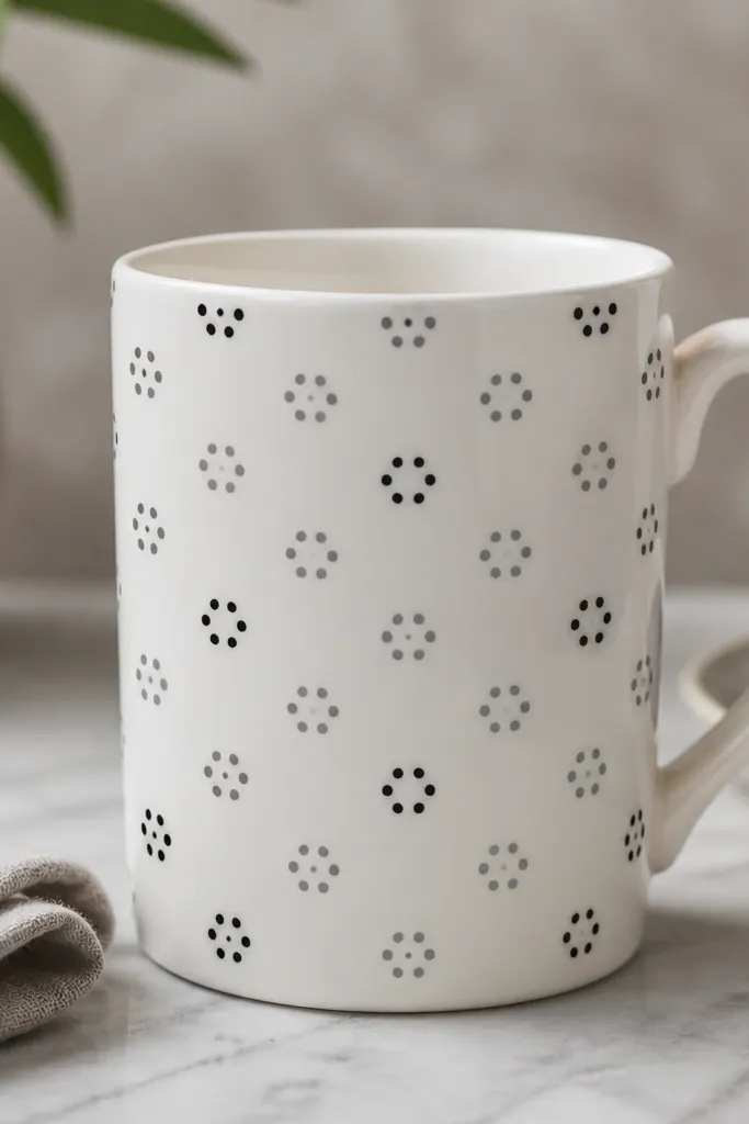 A white mug with evenly spaced small black and grey dot clusters arranged like a modern polka pattern; the dots look crisp and sealed under a glossy clear coat.