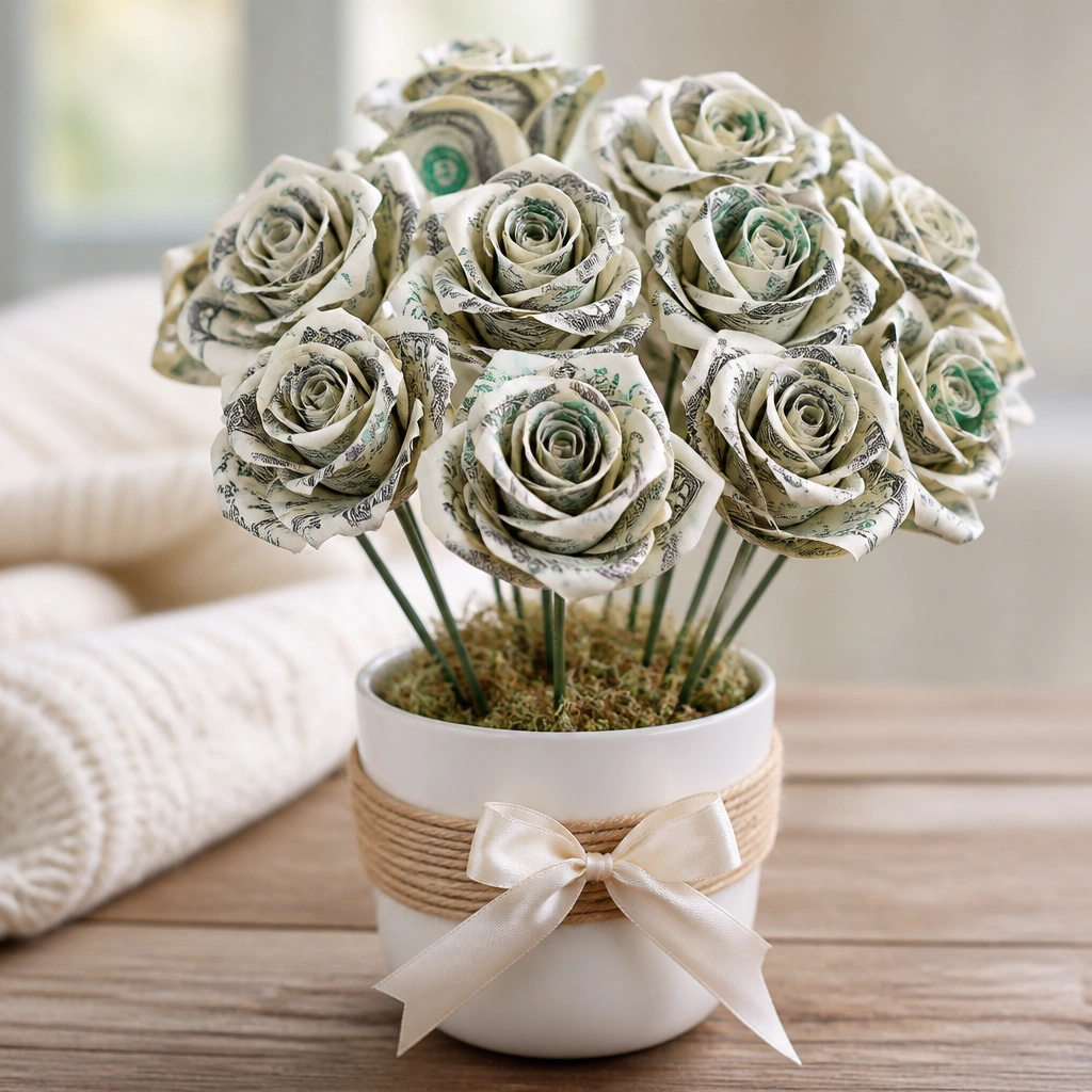 A cluster of rose-like paper blooms made from curled bill strips, each attached to thin green wire stems. The bouquet sits in a small white pot wrapped with twine and a satin bow.