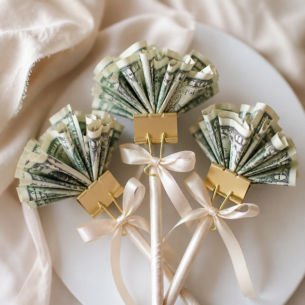 Several small bouquets made from binder clips holding folded bills like mini bouquets. The clips are painted matte gold, and each one is tied to a wrapped stick stem with ribbon.