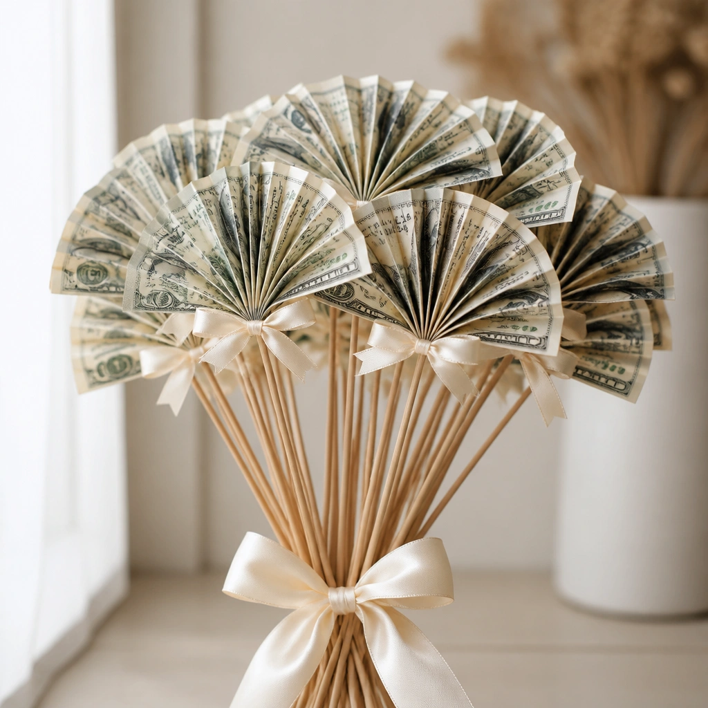 A bouquet built from multiple light-brown straw stems bundled together. Each bloom is a paper fan made from bills, with crisp folds and a small ribbon tie at the base.