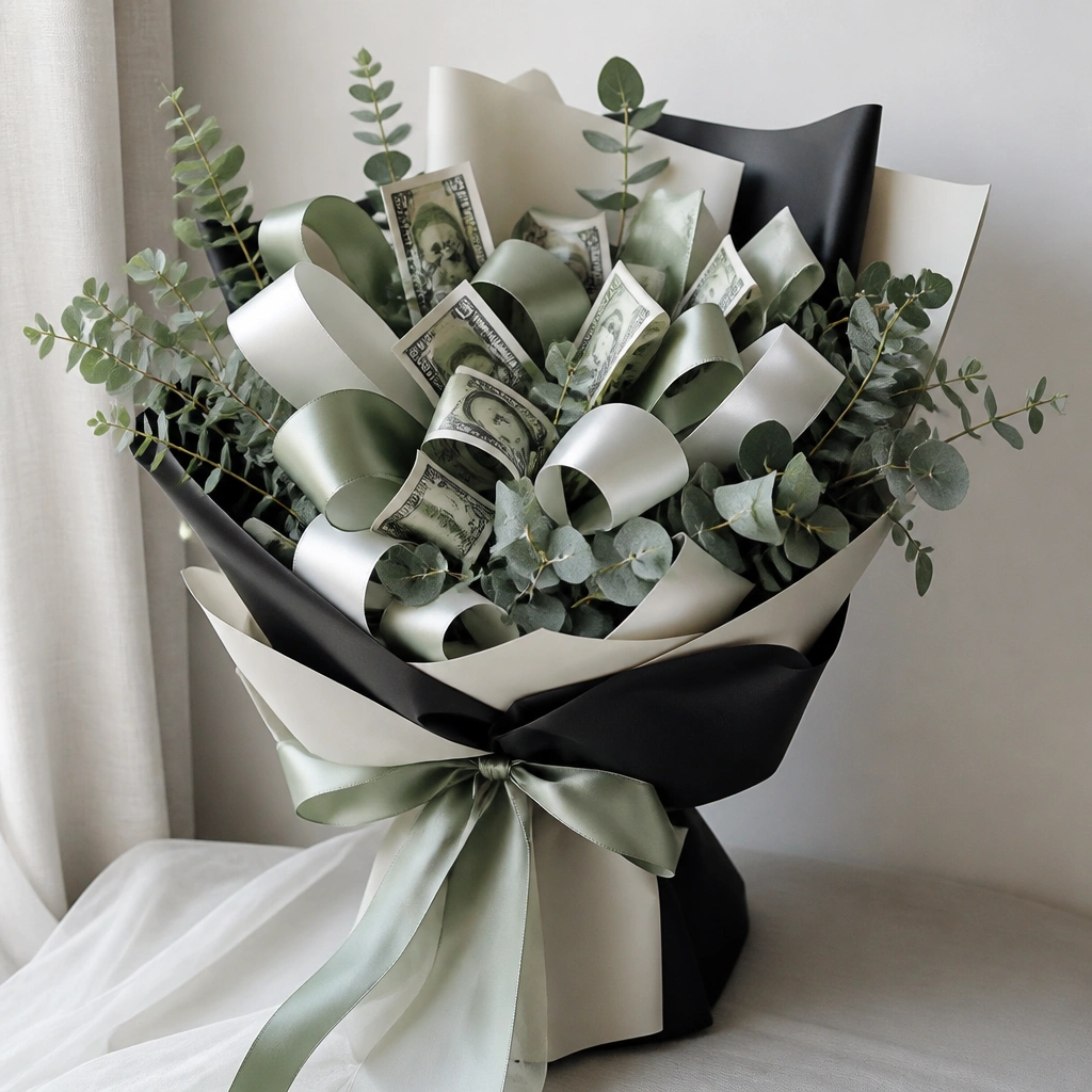 A bouquet with looping satin ribbon in white and sage green. Bills are folded into small rectangles tucked into ribbon loops, surrounded by faux eucalyptus sprigs and a black-and-cream wrap around the stems.