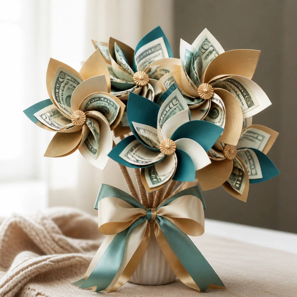 Pinwheel-like flowers made from layered cardboard and bill strips, mounted on short wrapped sticks. The colors are cream, teal, and soft gold, with a matching bow at the base.