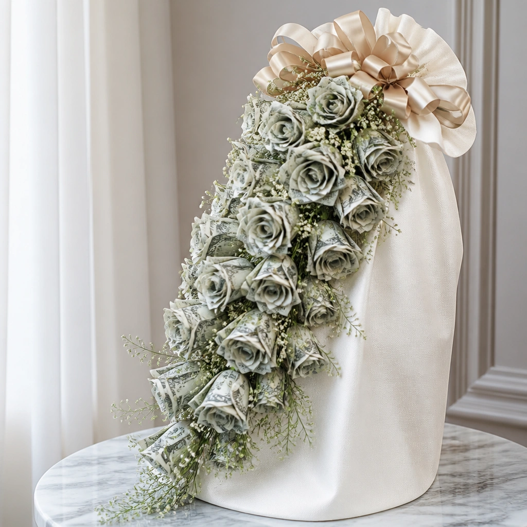 A waterfall-style bouquet wrap where bills are folded into small blossom shapes and tucked into a fabric sleeve. The sleeve is white with subtle texture, and the top has a cluster of small ribbon bows.