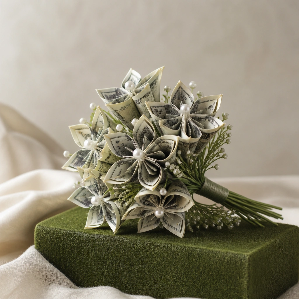A compact bouquet resting on a rectangular foam block covered in moss-green felt. Several small bill “clusters” are stacked like origami flowers, with short wired stems and tiny pearl pins.