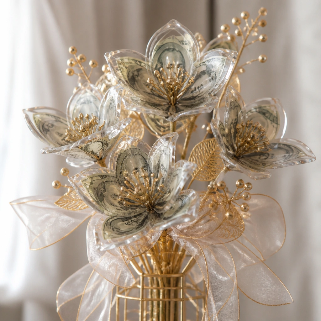 Flowers made from bills encased in clear tape layers, giving a glossy “glass” look. The bouquet is arranged around a wire frame with shiny gold accents and translucent ribbon.
