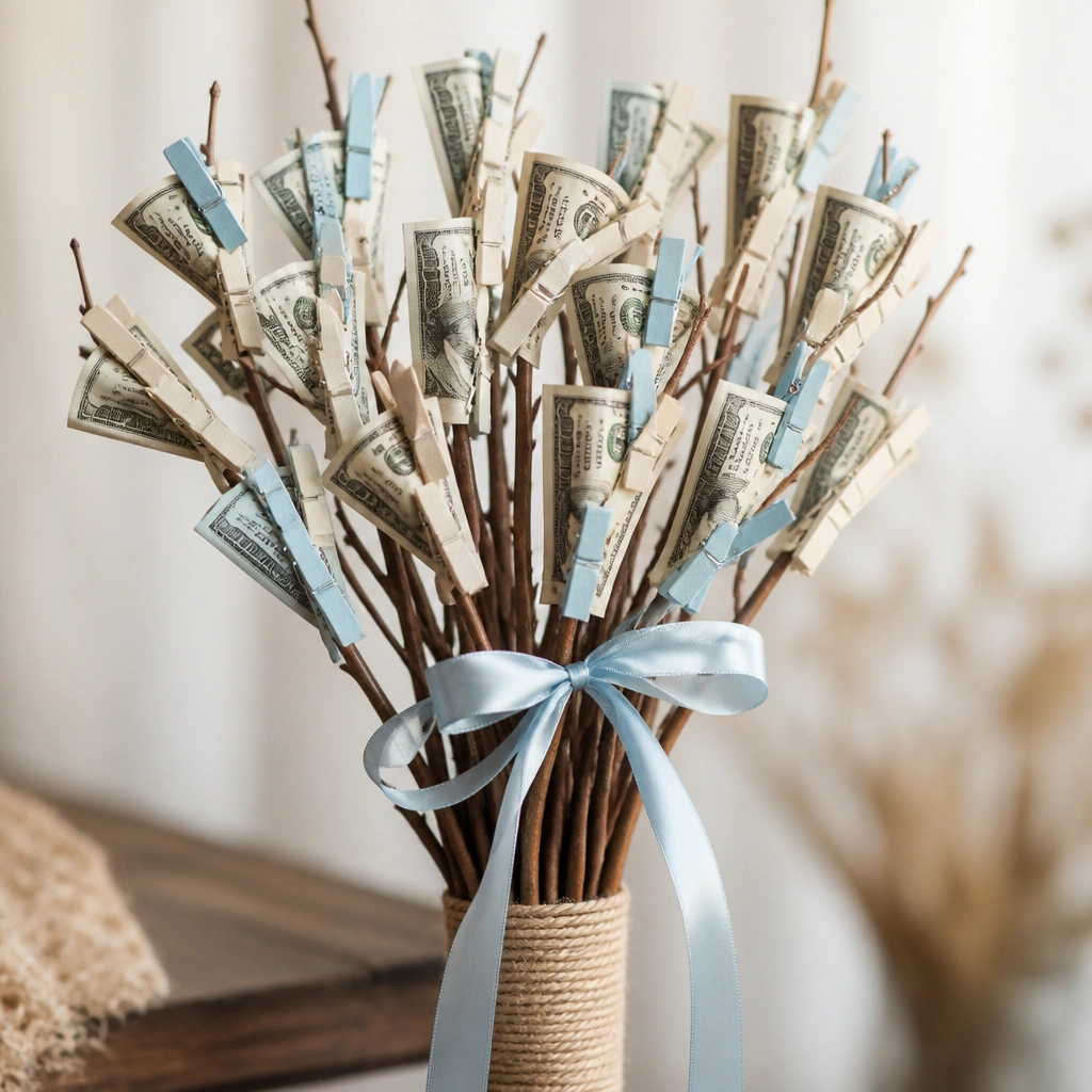 A bouquet of small clothespins painted pastel blue and cream, each holding a folded bill. The clothespins are clipped to a bundle of thin branches wrapped in twine, topped with a ribbon streamer.
