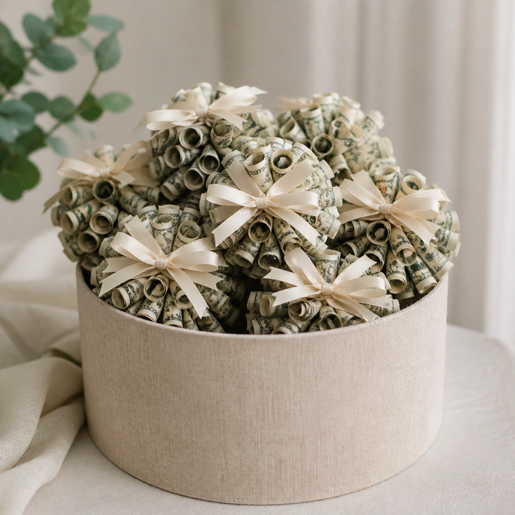 A fabric cylinder wrapped in neutral linen holds rolled bill pom-poms. Each pom-pom is made from tight bill rolls, with small cream ribbon bows on the outside.