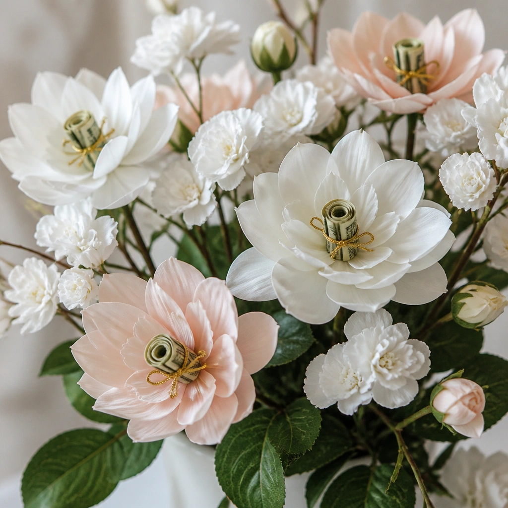 White and blush faux flower stems with realistic petals. In the center of each faux bloom is a small bud-like bill fold tied with a thin gold string.