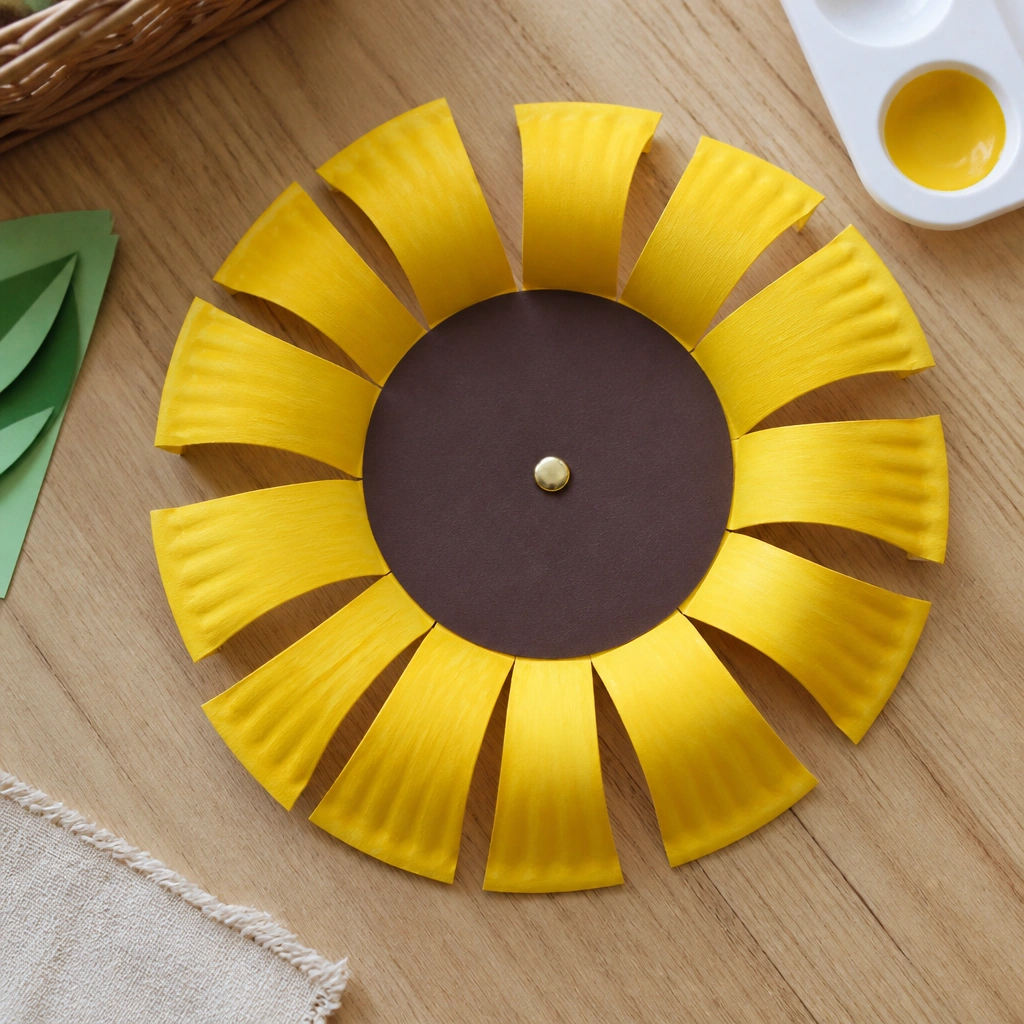 A tabletop craft where a kid’s paper plate is cut into a sunflower shape, with curled yellow paper strips as petals and a dark brown center circle, all attached with a single brad fastener.