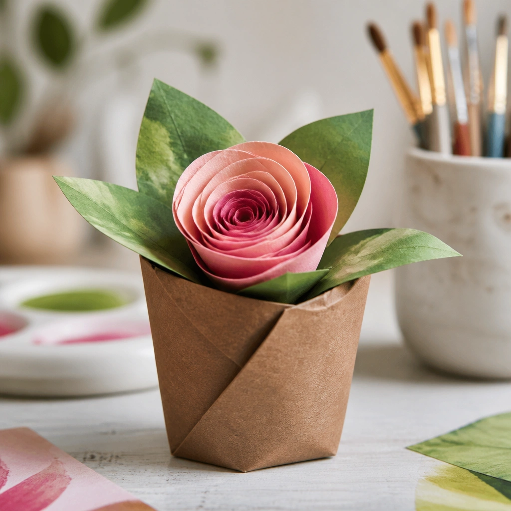 A small craft pot made from a folded brown paper “dirt” sleeve, topped with a rolled paper flower and painted green leaves, sitting on a desk with paintbrushes in the background.