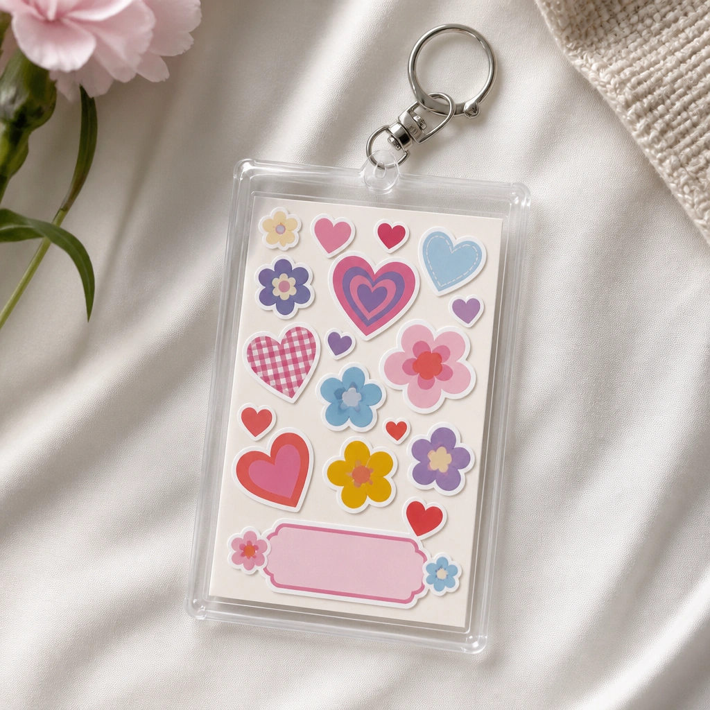 A clear keychain pouch with a cardstock backing covered in colorful heart and flower stickers, plus a simple “You’re the best” label on the bottom.