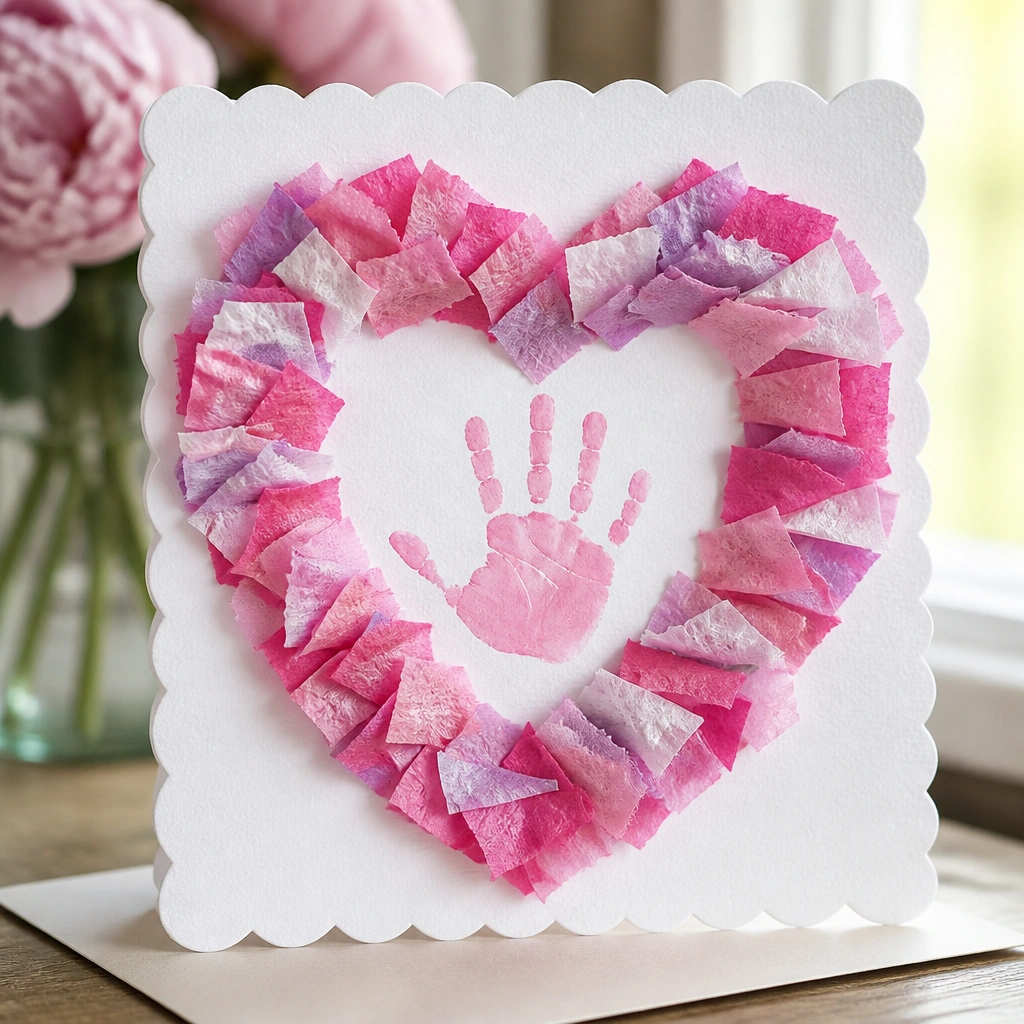 A card showing a heart-shaped wreath made from layered tissue paper strips and a child’s handprint in the center, with a scalloped edge and “Love you, Mom” text.