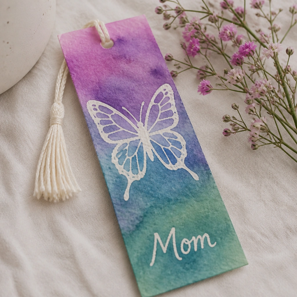 A bookmark with a butterfly outline drawn in white crayon, then painted over with watercolor to reveal the butterfly in contrast, with “Mom” written at the bottom.