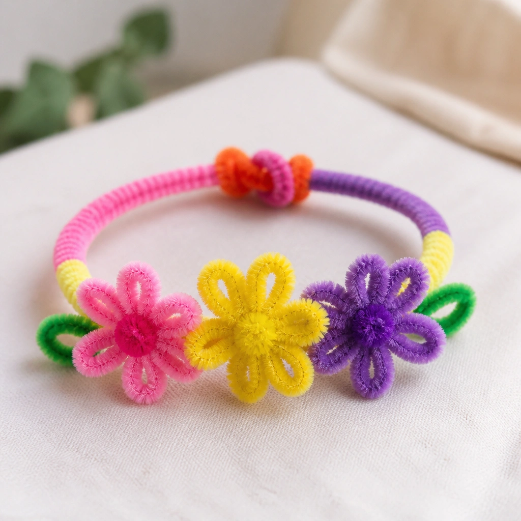 A colorful child-made bracelet with three pipe cleaner flowers (pink, yellow, purple) wrapped around a loop, with small green leaves and a bright clasp-like twist.