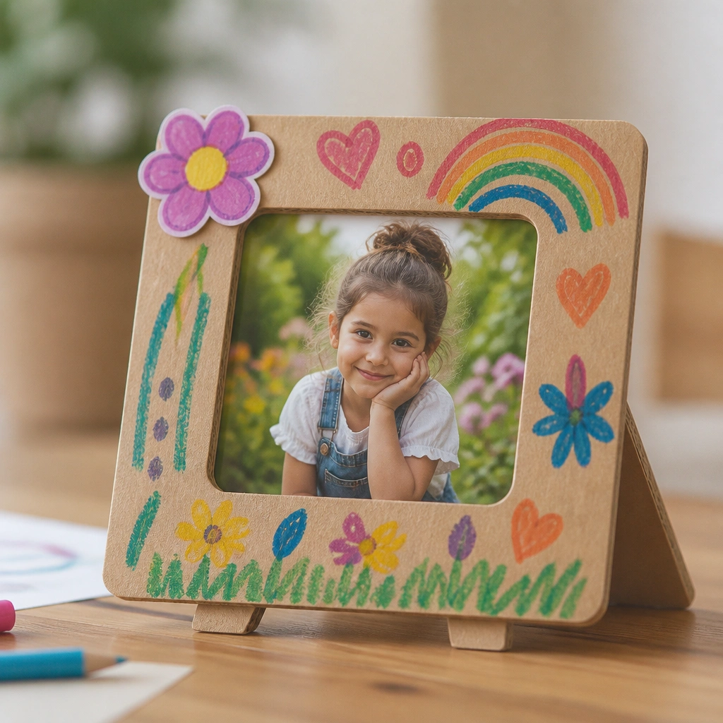 A small cardboard easel holding a kid-decorated photo frame, with bright marker doodles, a sticker flower in the corner, and a stand folded back like a mini display.