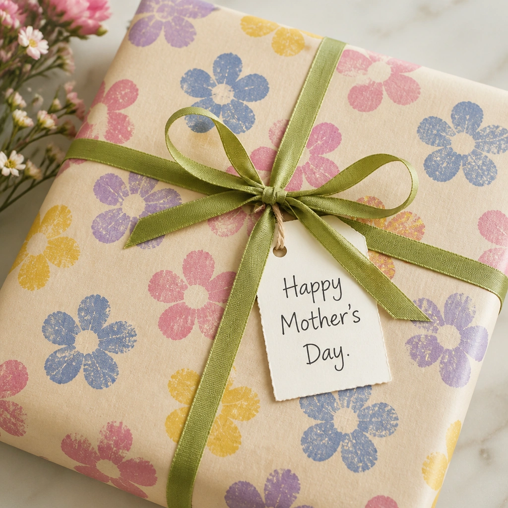 A sheet of wrapping-style paper with repeating flower stamps made from cut sponges dipped in washable paint, tied with a ribbon and a small tag reading “Happy Mother’s Day.”