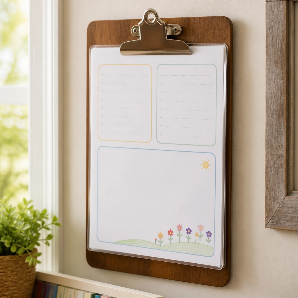 A large wooden clip board on a wall holding a stack of laminated weekly prayer pages. Each page has small boxes for requests, answered prayers, and a child’s drawing area.