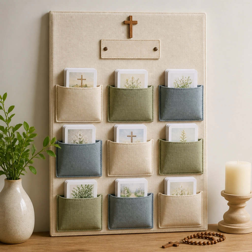 A felt or canvas board with several rectangular Velcro-backed pockets. Inside each pocket, folded prayer cards peek out. A small cross and a “Pray Today” label sit at the top.