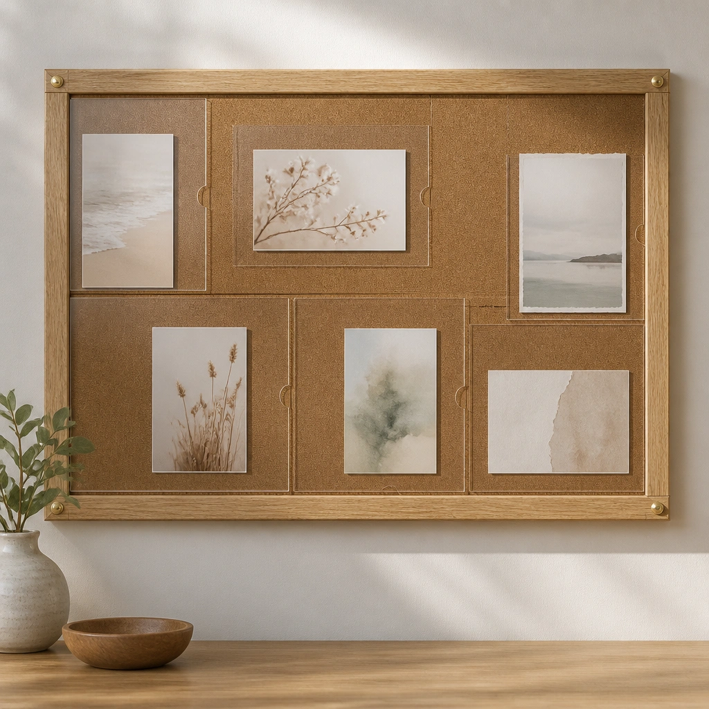 A framed corkboard with clear plastic sleeves over sections. Cards slide behind the sleeves, and thumbtacks are visible only for the frame edges.