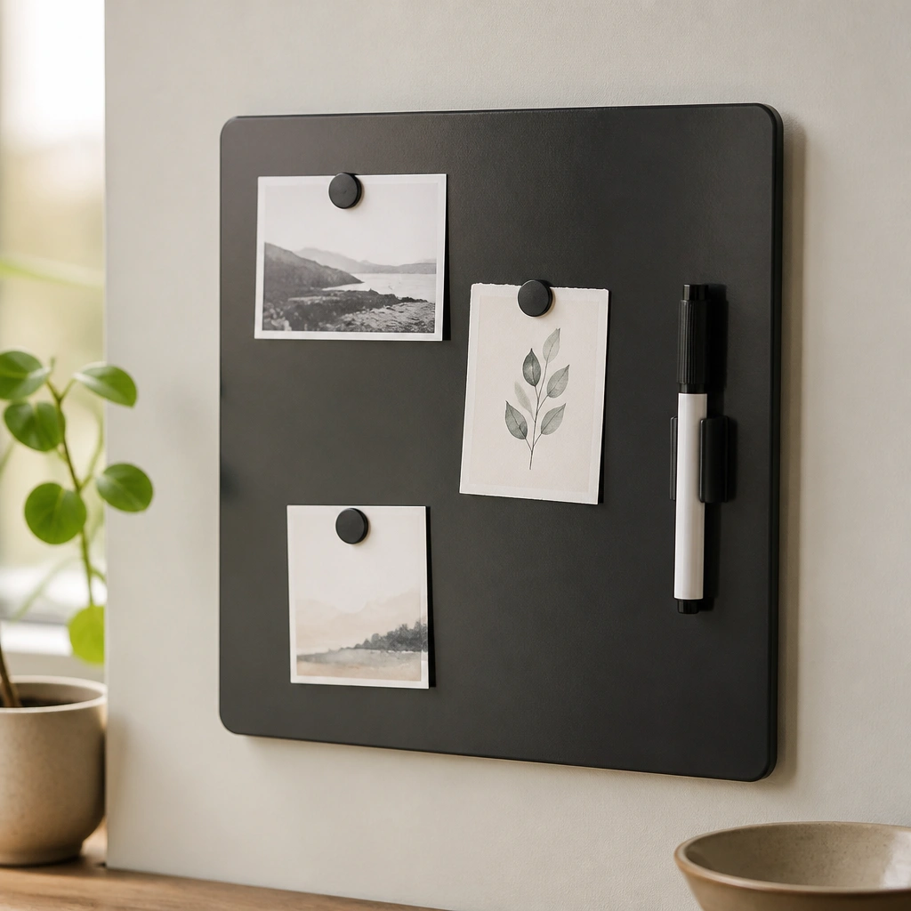 A small square board painted in dark charcoal with a subtle magnetic sheen. Tiny magnets hold mini cards, and a white dry-erase marker is attached with a clip.