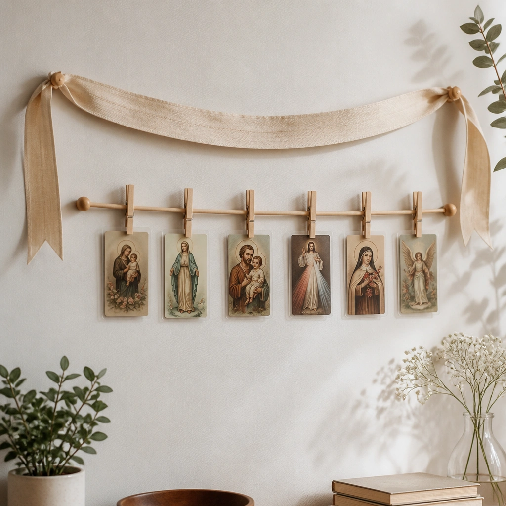 A wall rail made from a thin wooden dowel with clothespins. Laminated prayer cards hang from clothespins with a ribbon banner reading “Pray, Then Thank.”