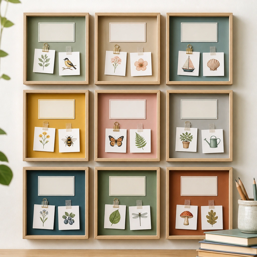 A set of small square frames arranged in a grid. Each frame holds a laminated label and a few clipped mini cards with clear tape strips.
