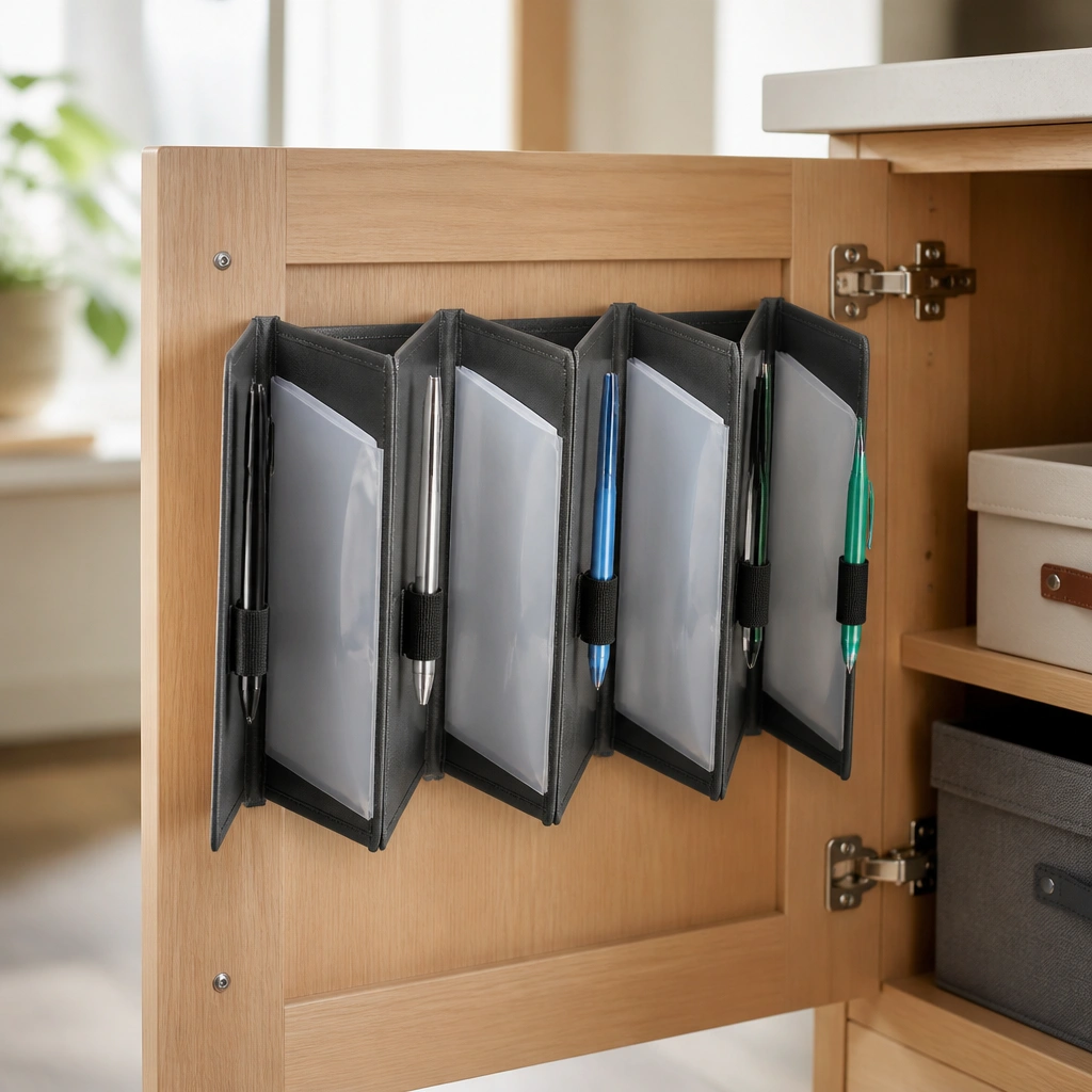 A small accordion folder board mounted on the inside of a cabinet door. Each fold has a laminated pocket and a pen holder.