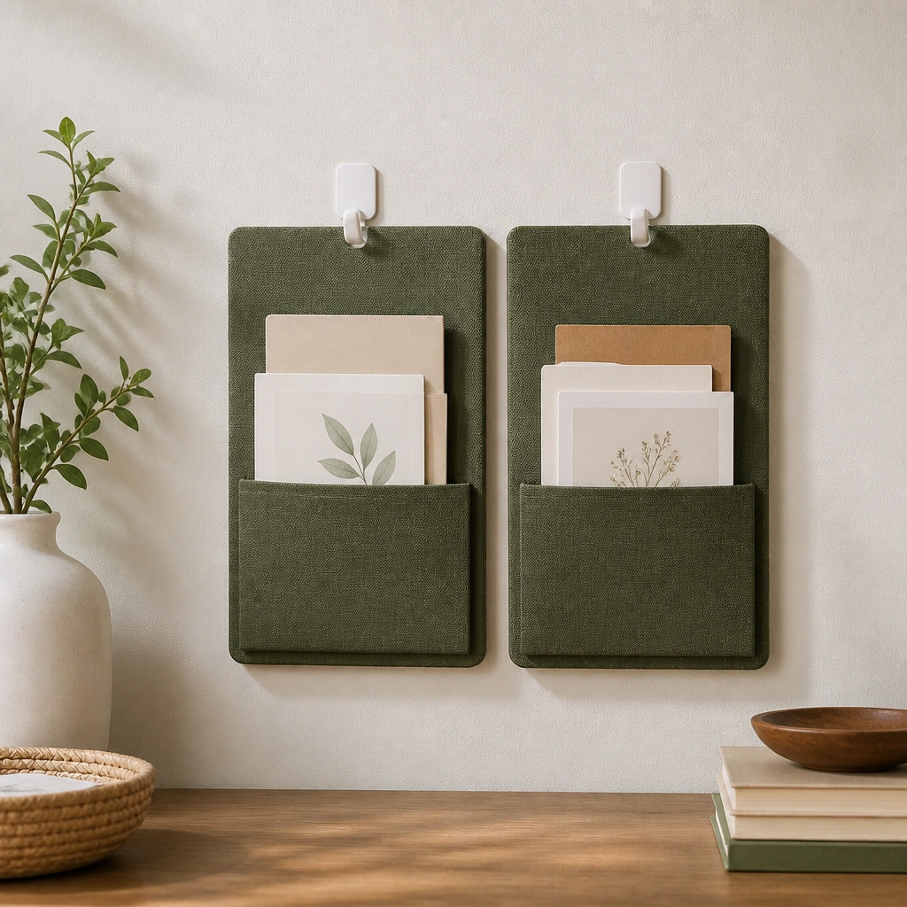 A small modular board system on a wall using removable adhesive hooks. Two detachable panels show “Today” and “Answered,” each with pockets holding cards.