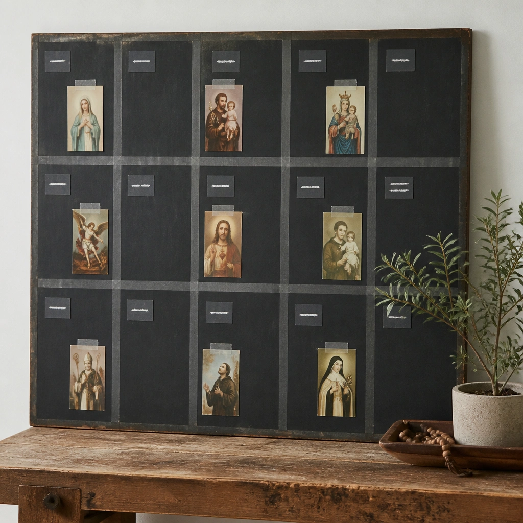 A chalkboard painted on a wooden panel with a grid made from clear tape lines. Small chalk labels sit in squares, and prayer cards are taped behind the grid.