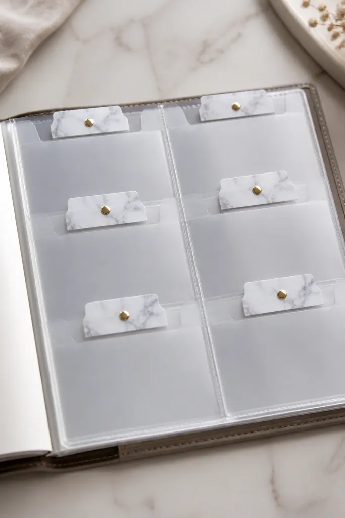 A set of translucent clear pockets inside a diary, each pocket topped with a white-and-gray marble label tab; labels have small gold dot accents.