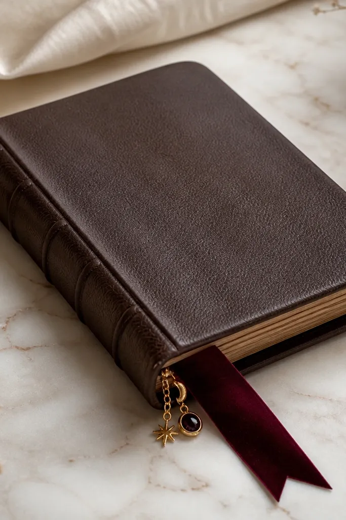A closed diary with a deep burgundy velvet ribbon peeking out; tiny gold charms hang from the spine near the ribbon attachment point.