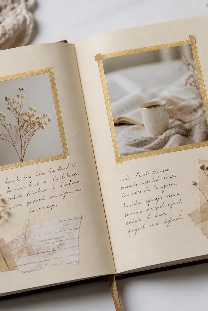 Diary pages featuring small square photo inserts framed with thin gold washi tape; surrounding areas use soft beige paper with handwritten captions.