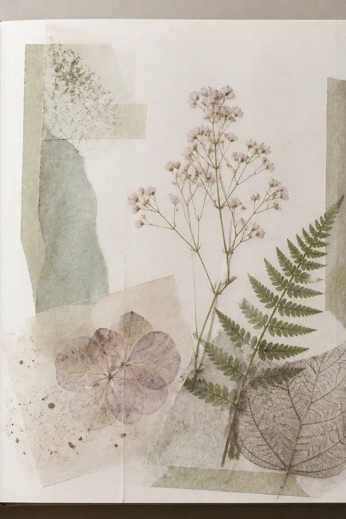 A diary page with a layered collage: delicate botanical paper pieces appear translucent, with soft edges and no thick lumps; the page looks smooth and flat.