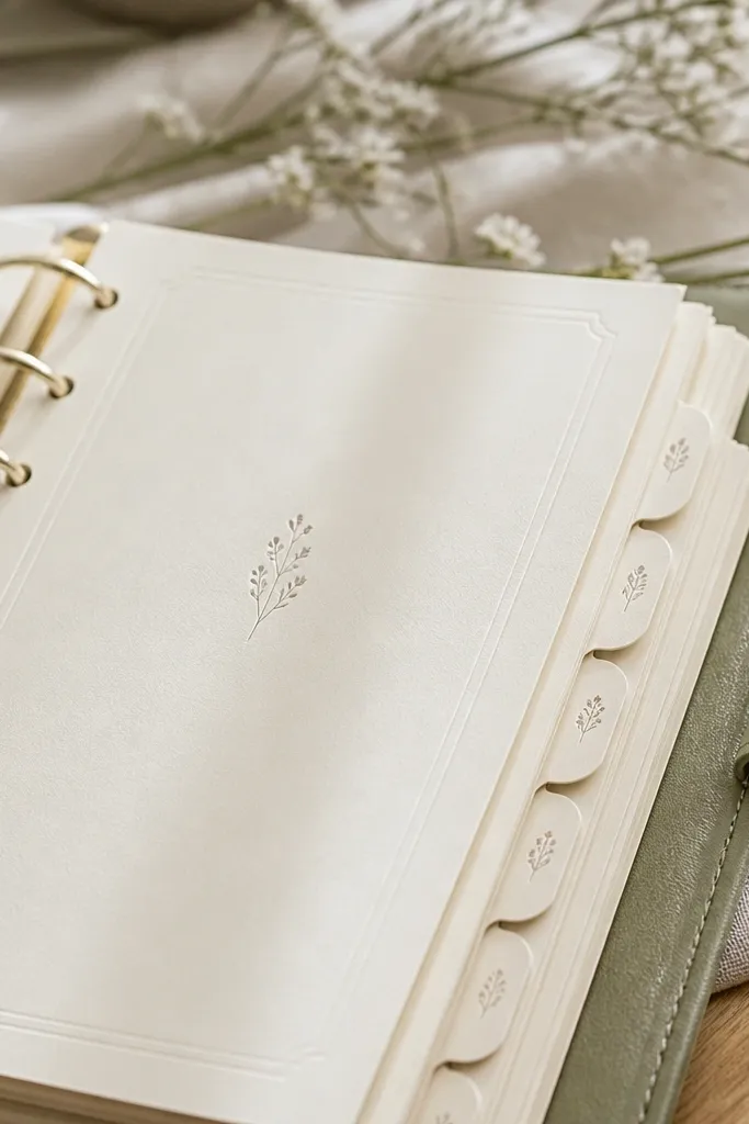 Inside the diary, pearl-white dividers are visible between sections, each with a delicate embossed border line near the edges and neat handwritten section titles.