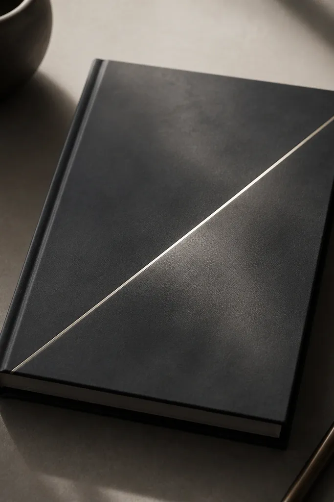 A diary cover finished in deep charcoal with a subtle smoky sheen; a thin diagonal stripe of metallic foil crosses the front like a “smoked glass” highlight.