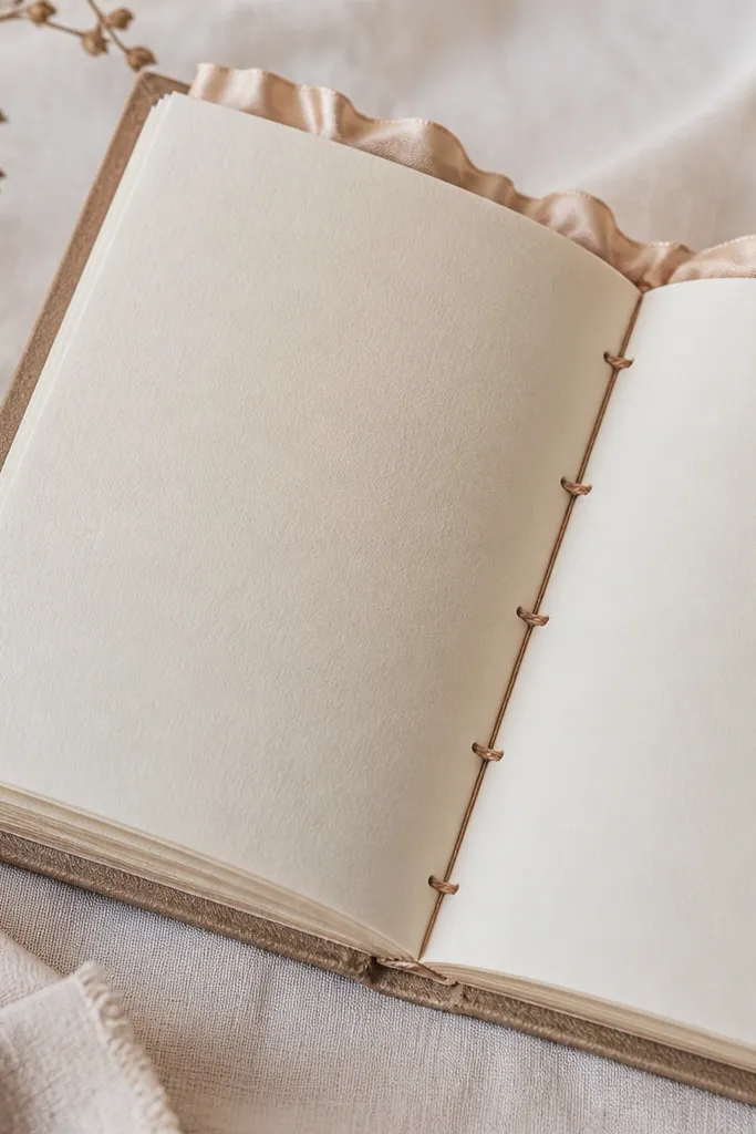 Open diary shows pages with satin-like edge trim peeking out at the top; the spine has visible stitched wrap thread in a warm neutral color.
