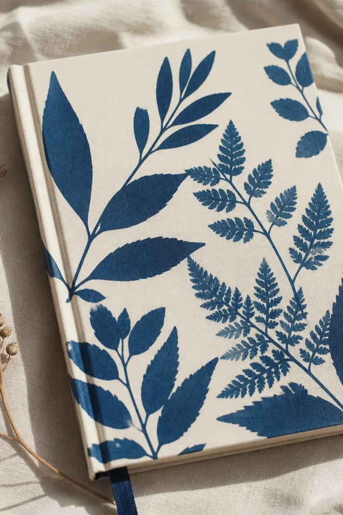 A diary cover with botanical leaf silhouettes in deep blue on a creamy base; the leaf edges look crisp like a cyanotype print.